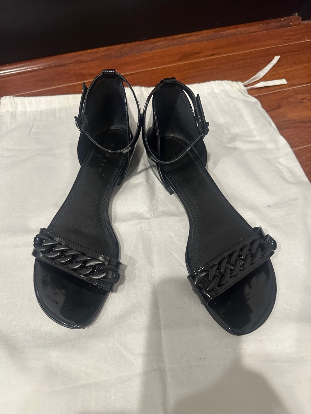 Sandro Black Patent Leather Chain-Trim Ankle-Strap Sandals